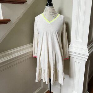 Lisa Todd Mini Shift Dress Womens XS Cream Ivory Pink V-Neck Long Sleeve Cotton